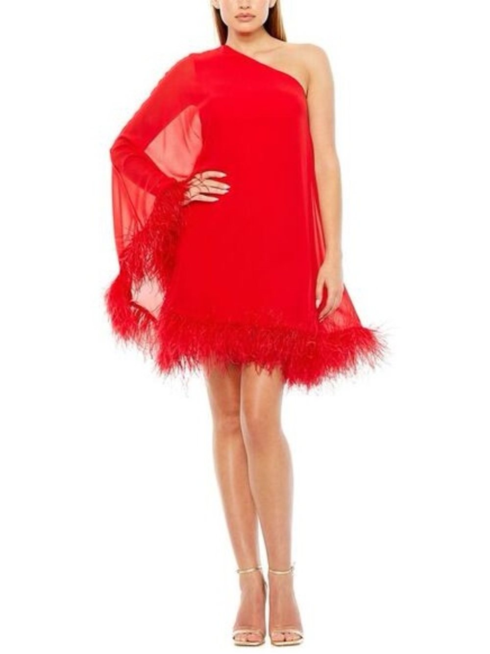 Feather-Trimmed Trapeze One-Shoulder Dress Red